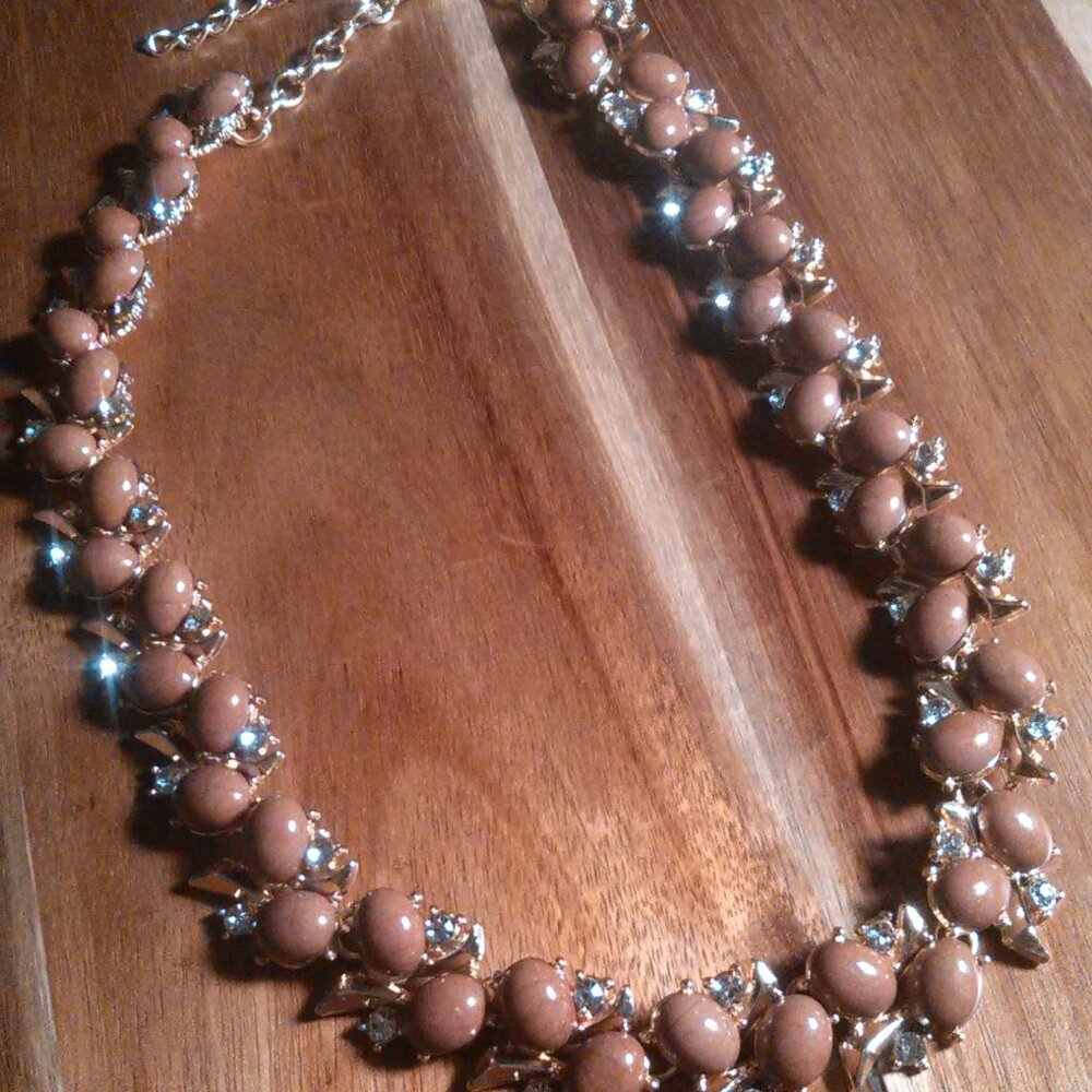 Brown Howlite and White Austrian Crystal Goldtone Necklace